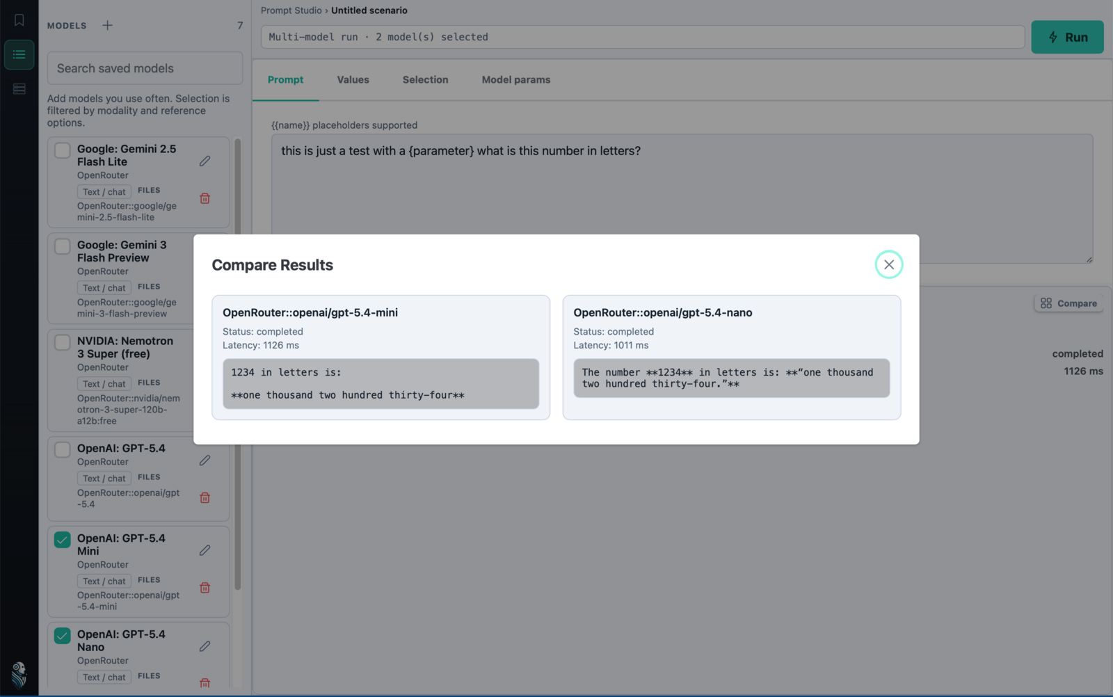 VernaOne desktop app comparing model outputs side by side